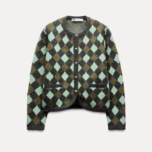ZARA ARGYLE KNIT JACQUARD CARDIGAN